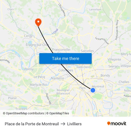 Place de la Porte de Montreuil to Livilliers map