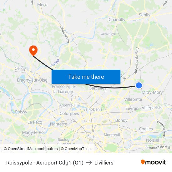 Roissypole - Aéroport Cdg1 (G1) to Livilliers map