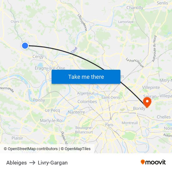 Ableiges to Livry-Gargan map