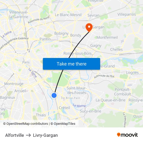 Alfortville to Livry-Gargan map