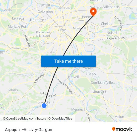 Arpajon to Livry-Gargan map