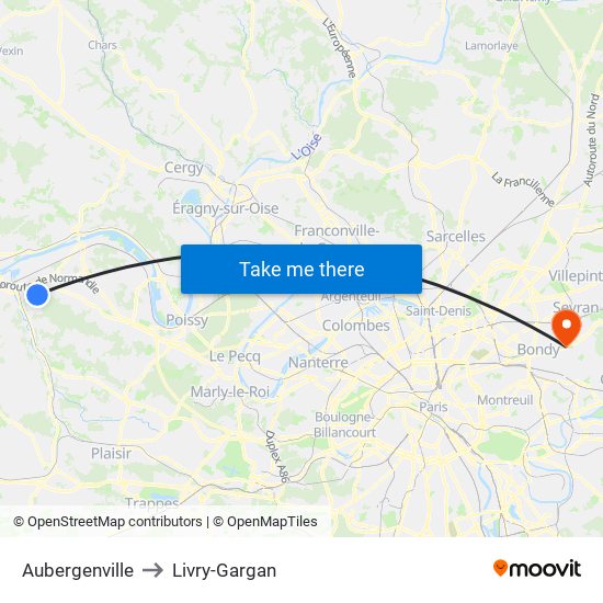 Aubergenville to Livry-Gargan map