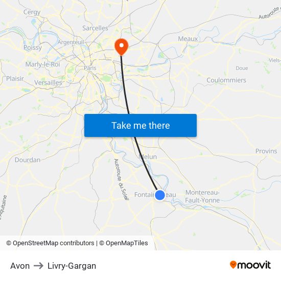 Avon to Livry-Gargan map