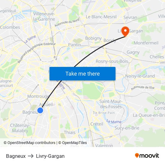 Bagneux to Livry-Gargan map