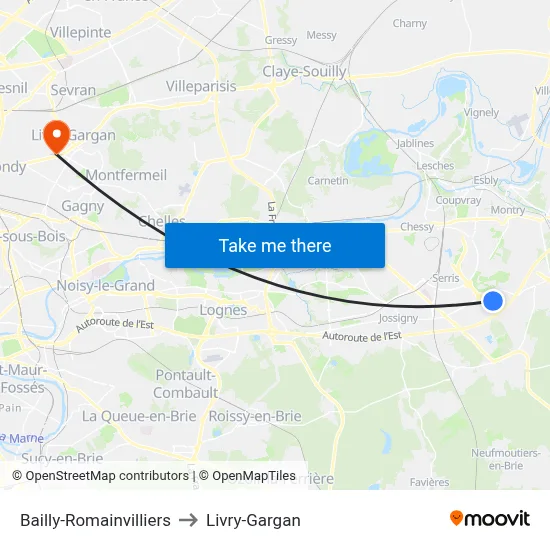 Bailly-Romainvilliers to Livry-Gargan map