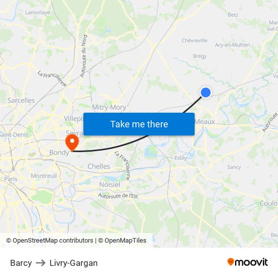 Barcy to Livry-Gargan map