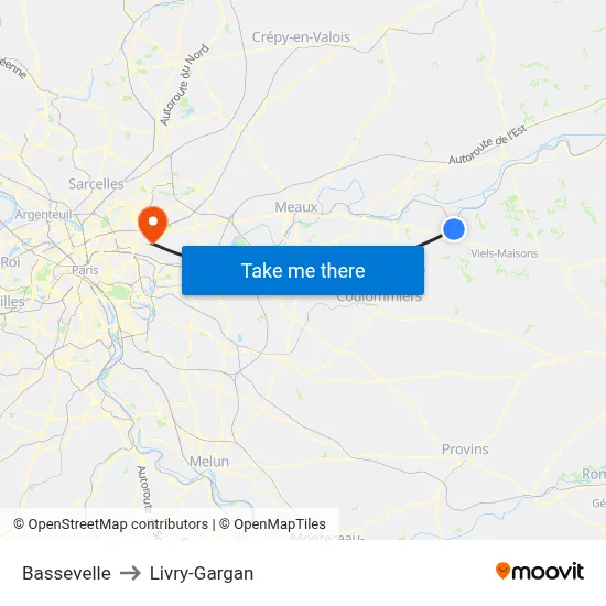 Bassevelle to Livry-Gargan map