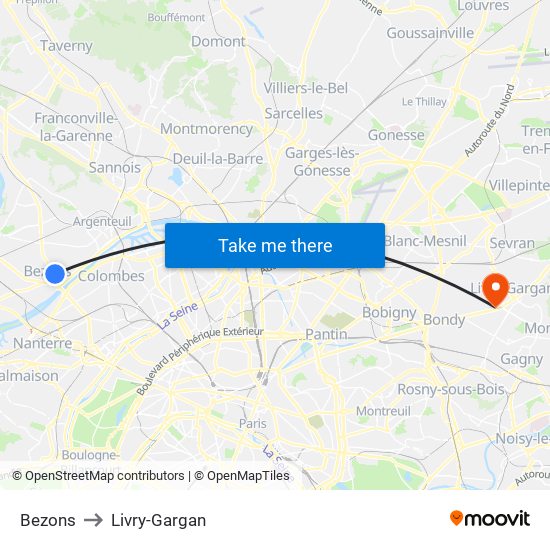 Bezons to Livry-Gargan map