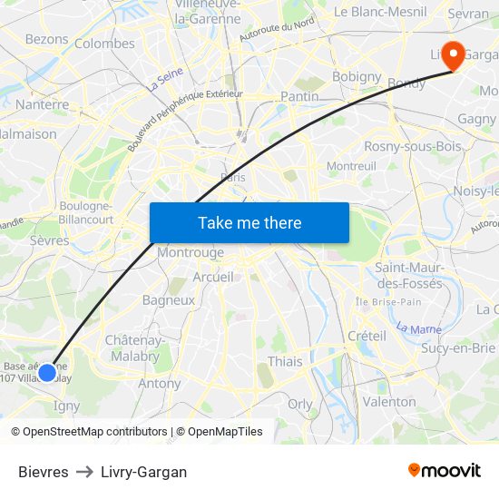 Bievres to Livry-Gargan map