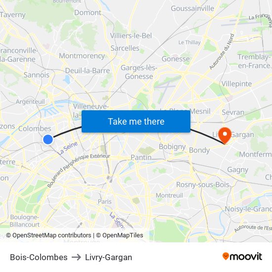 Bois-Colombes to Livry-Gargan map