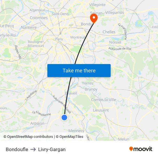 Bondoufle to Livry-Gargan map