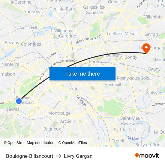 Boulogne-Billancourt to Livry-Gargan map