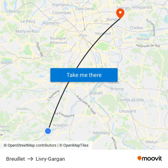 Breuillet to Livry-Gargan map
