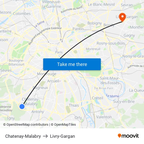 Chatenay-Malabry to Livry-Gargan map