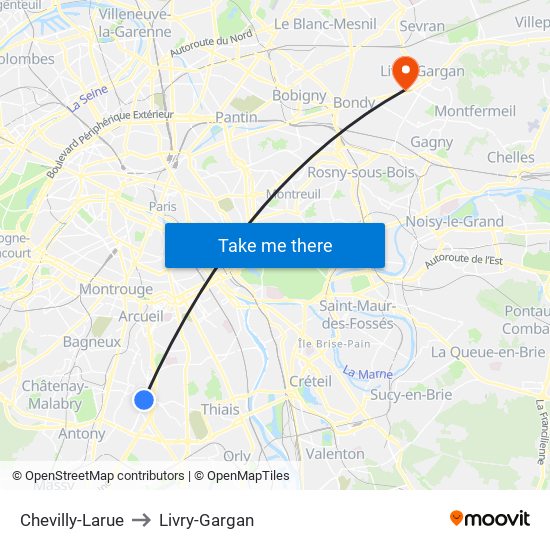 Chevilly-Larue to Livry-Gargan map