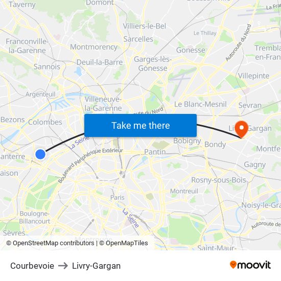 Courbevoie to Livry-Gargan map