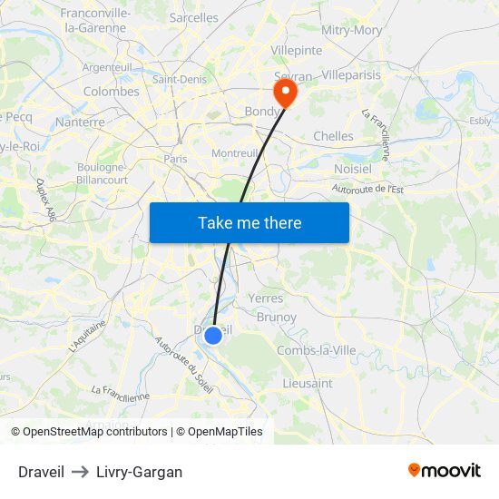 Draveil to Livry-Gargan map