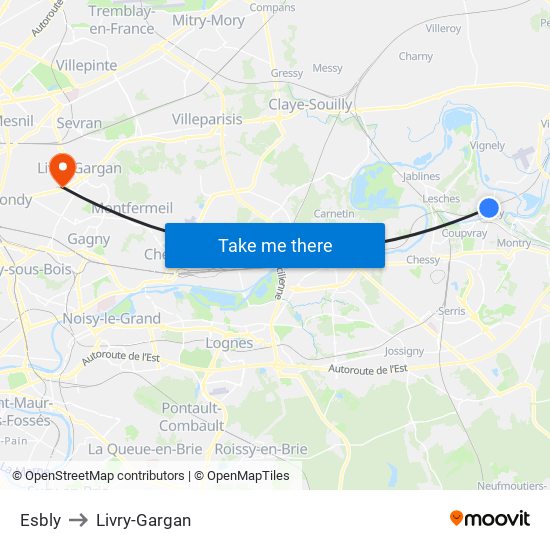 Esbly to Livry-Gargan map