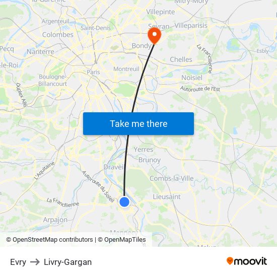 Evry to Livry-Gargan map