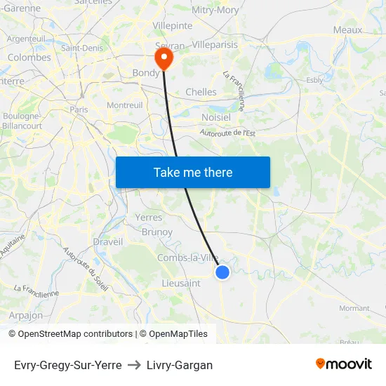 Evry-Gregy-Sur-Yerre to Livry-Gargan map
