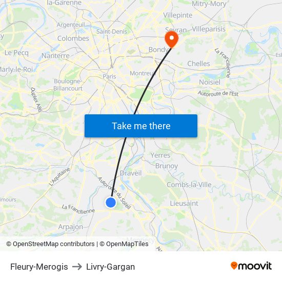 Fleury-Merogis to Livry-Gargan map