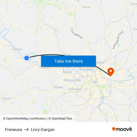 Freneuse to Livry-Gargan map