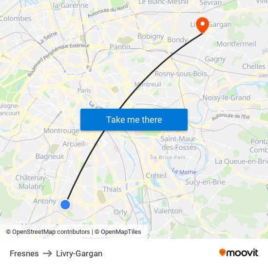 Fresnes to Livry-Gargan map