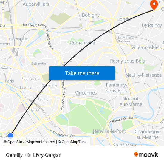 Gentilly to Livry-Gargan map