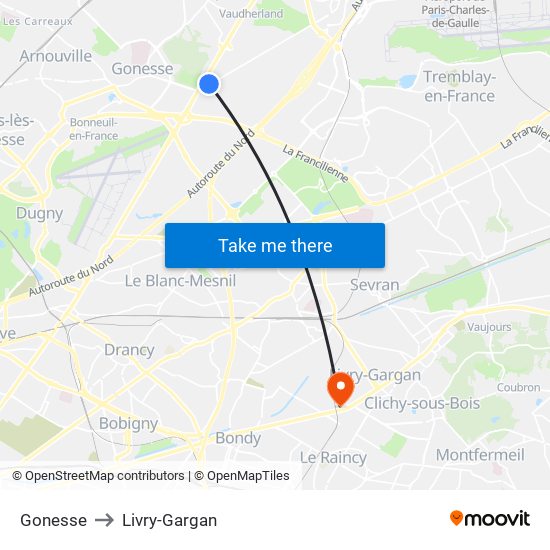 Gonesse to Livry-Gargan map