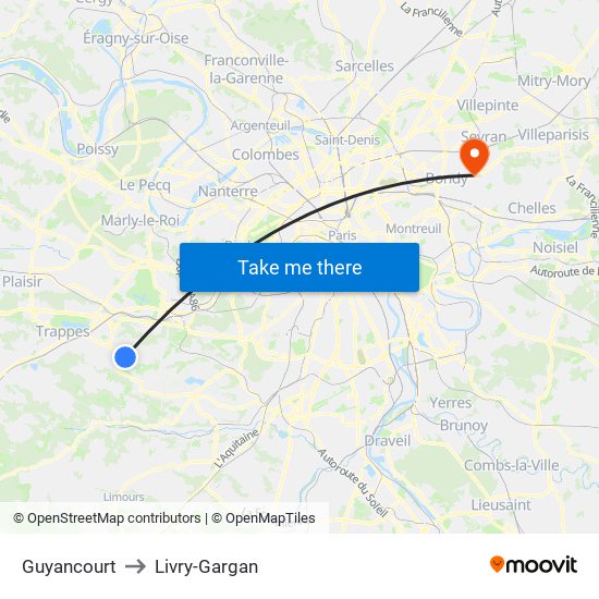 Guyancourt to Livry-Gargan map