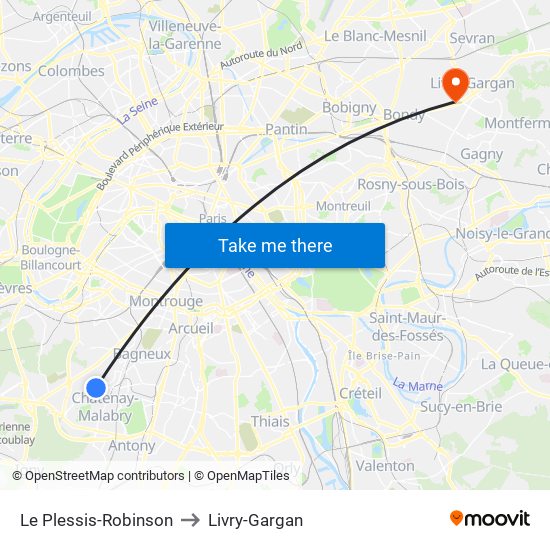 Le Plessis-Robinson to Livry-Gargan map