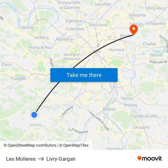 Les Molieres to Livry-Gargan map