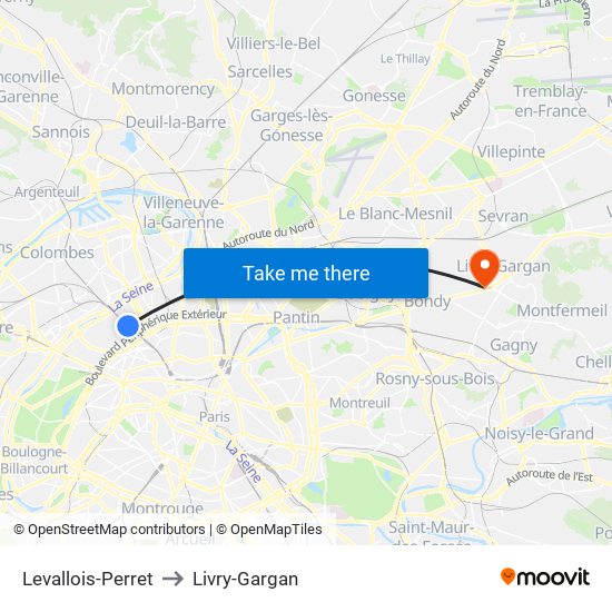 Levallois-Perret to Livry-Gargan map