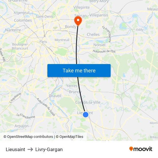 Lieusaint to Livry-Gargan map