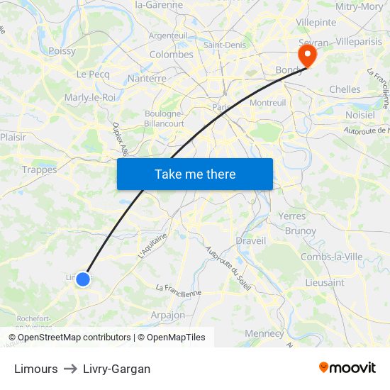 Limours to Livry-Gargan map