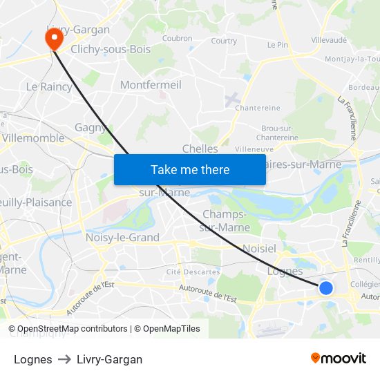 Lognes to Livry-Gargan map