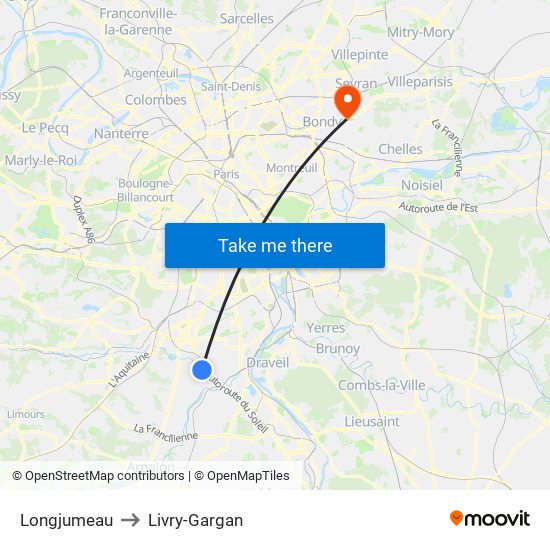 Longjumeau to Livry-Gargan map