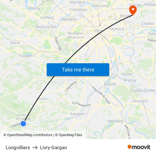 Longvilliers to Livry-Gargan map