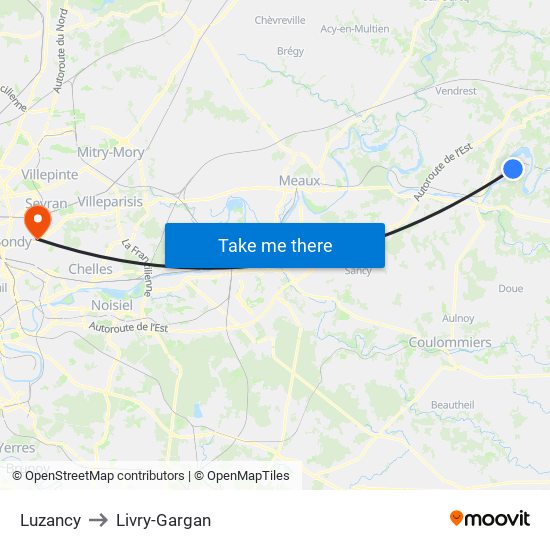 Luzancy to Livry-Gargan map