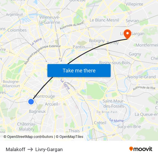 Malakoff to Livry-Gargan map