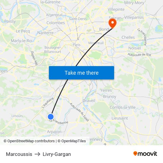 Marcoussis to Livry-Gargan map