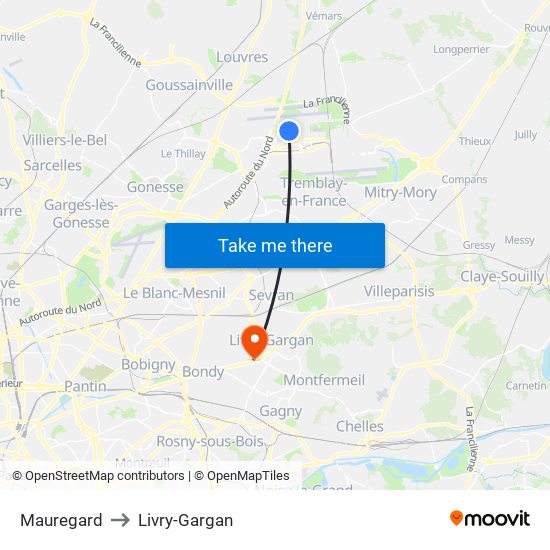 Mauregard to Livry-Gargan map