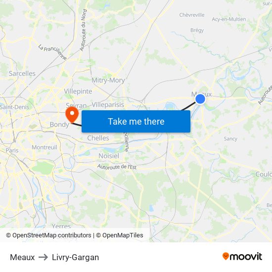 Meaux to Livry-Gargan map
