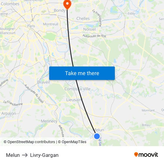 Melun to Livry-Gargan map