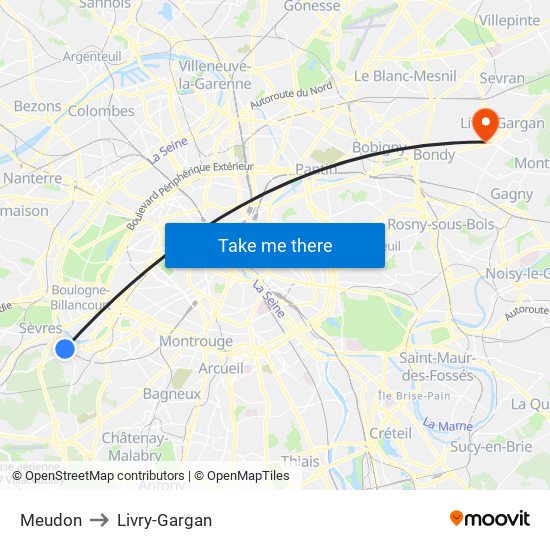 Meudon to Livry-Gargan map