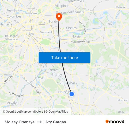 Moissy-Cramayel to Livry-Gargan map
