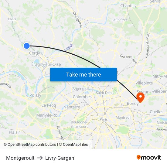 Montgeroult to Livry-Gargan map
