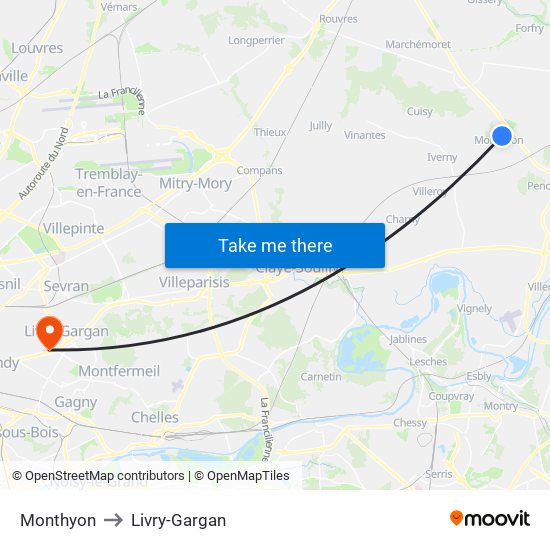 Monthyon to Livry-Gargan map