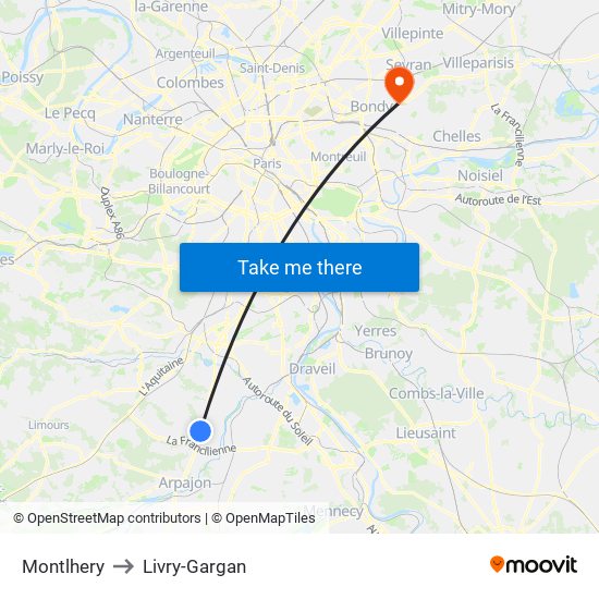 Montlhery to Livry-Gargan map