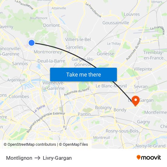 Montlignon to Livry-Gargan map